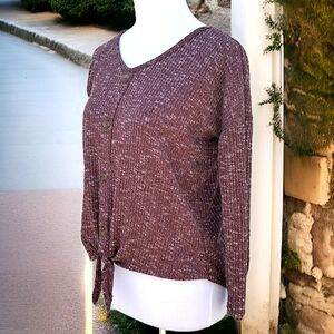 Bobbie Brooks Maroon Knit Button-Down Top with Tie Detail Sz Medium